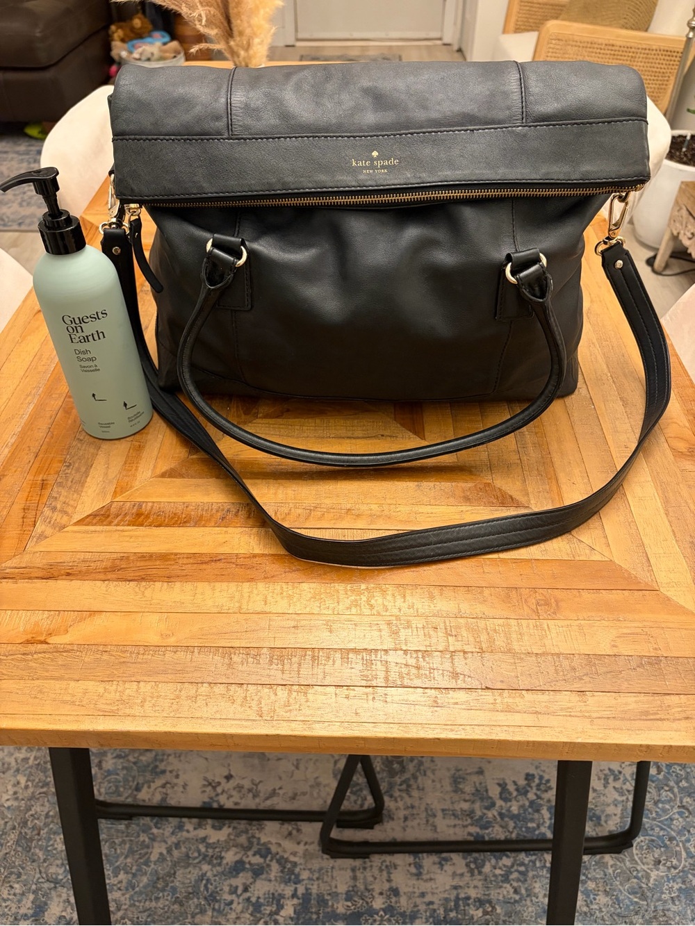 kate spade Black Leather Fold-Over Messenger/Laptop Bag